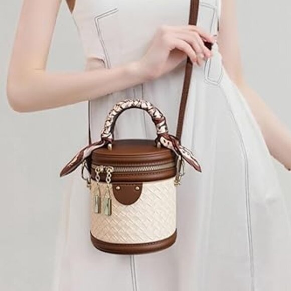 Neiman Marcus Equestrian Brown Vegan Leather Bucket Bag - Picture 3 of 6